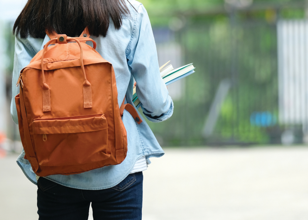 A student wearing a backpack holding two books as they walk to a college class.