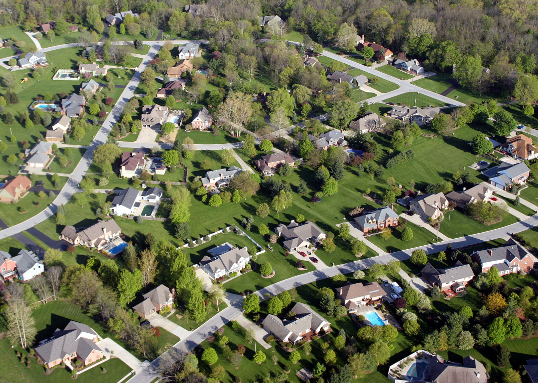 An aerial view of a suburban neighborhood full of large single-family homes in Indiana.