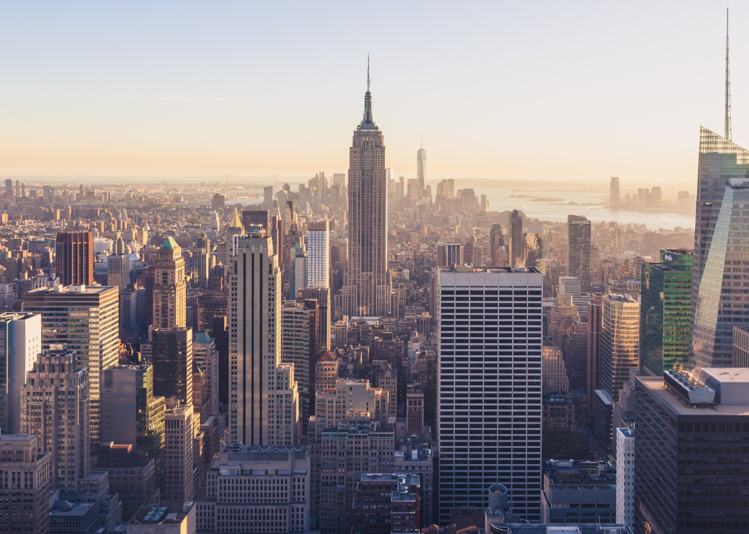 An aerial view of downtown NYC's skyline.