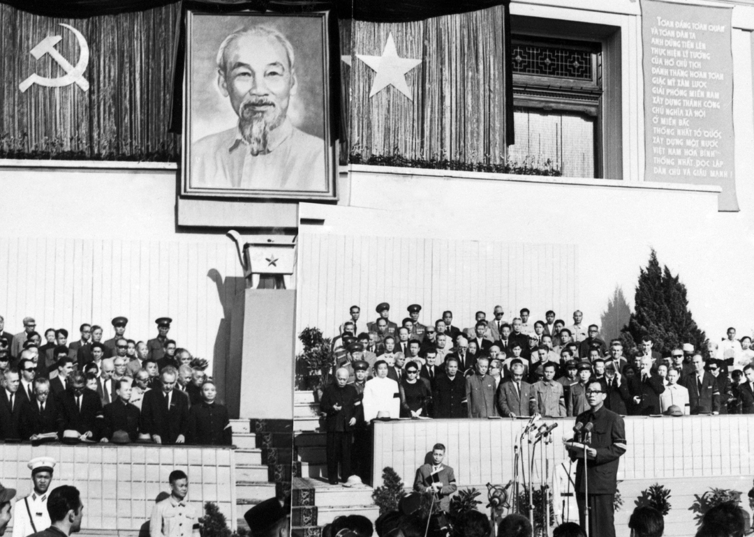Le Duan delivering a speech during the state funeral of North Vietnamese President Ho Chi Minh, on September 15, 1969 in Hanoi.
