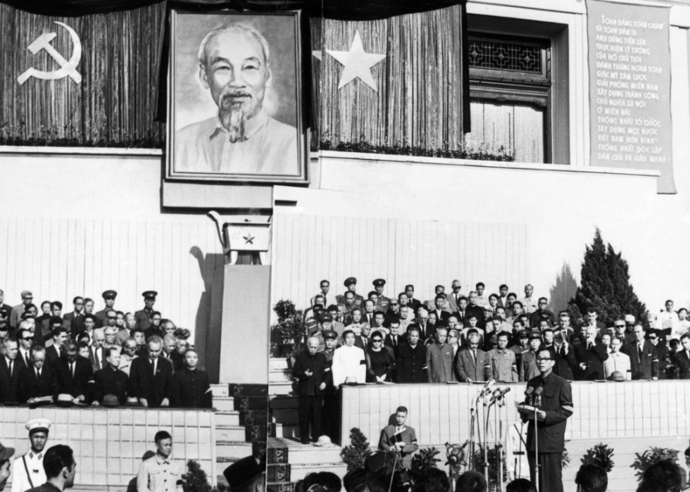 Le Duan delivering a speech during the state funeral of President Ho Chi Minh.