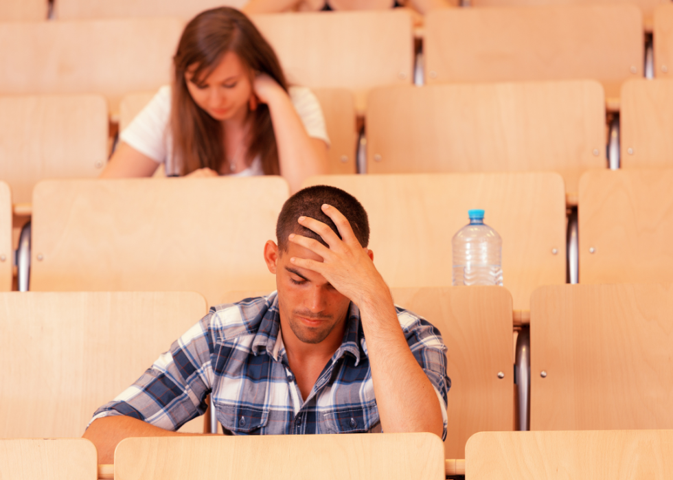 Two college students taking a test in a lecture hall.