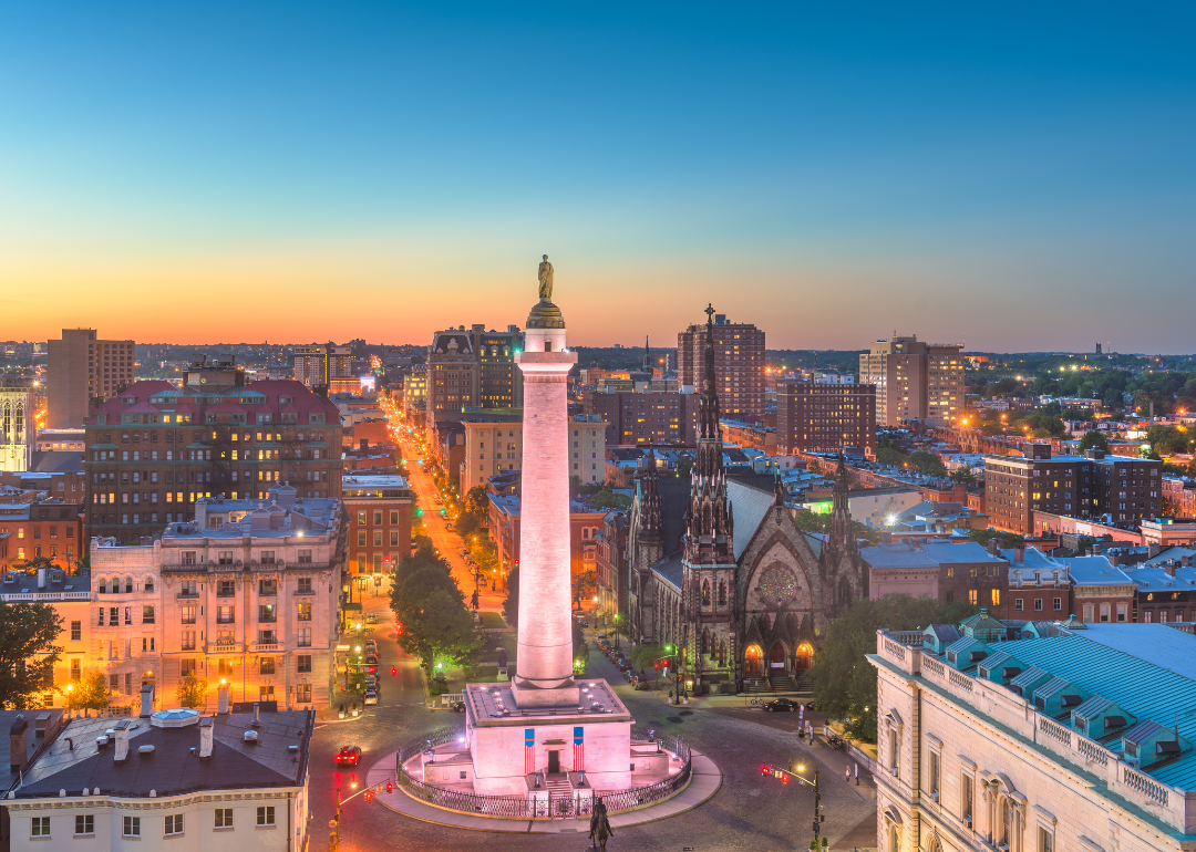 An aerial view of Baltimore at dusk.