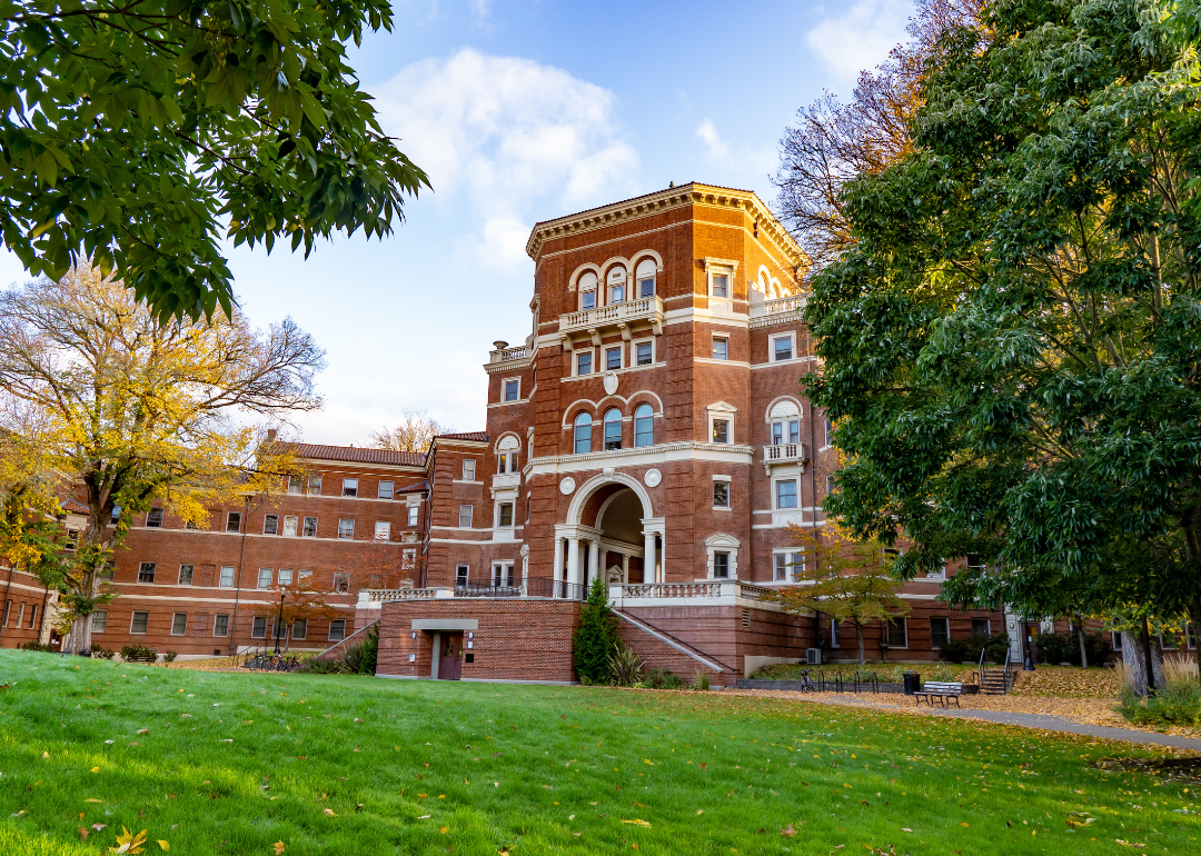 Weatherford Hall surrounded by trees on the Oregon State University campus