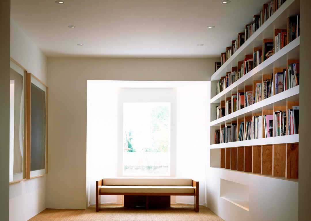 Seating an bookshelves in a home's library in 2003.