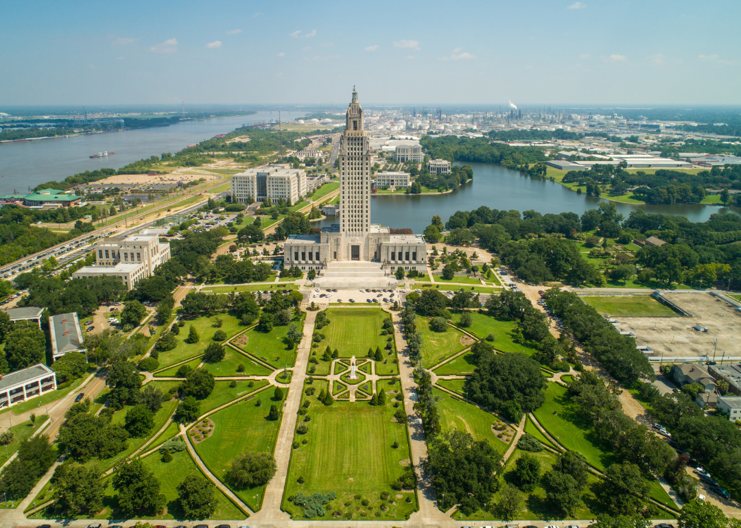 An aerial drone photo of State Capitol Park in Baton Rouge.