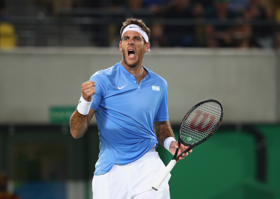 Juan Martin Del Potro of Argentina celebrating winning a point during the men's singles gold medal match against Andy Murray of Great Britain