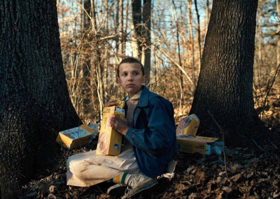 Millie Bobby Brown (Eleven) surrounded by Eggo waffle boxes in Stranger Things