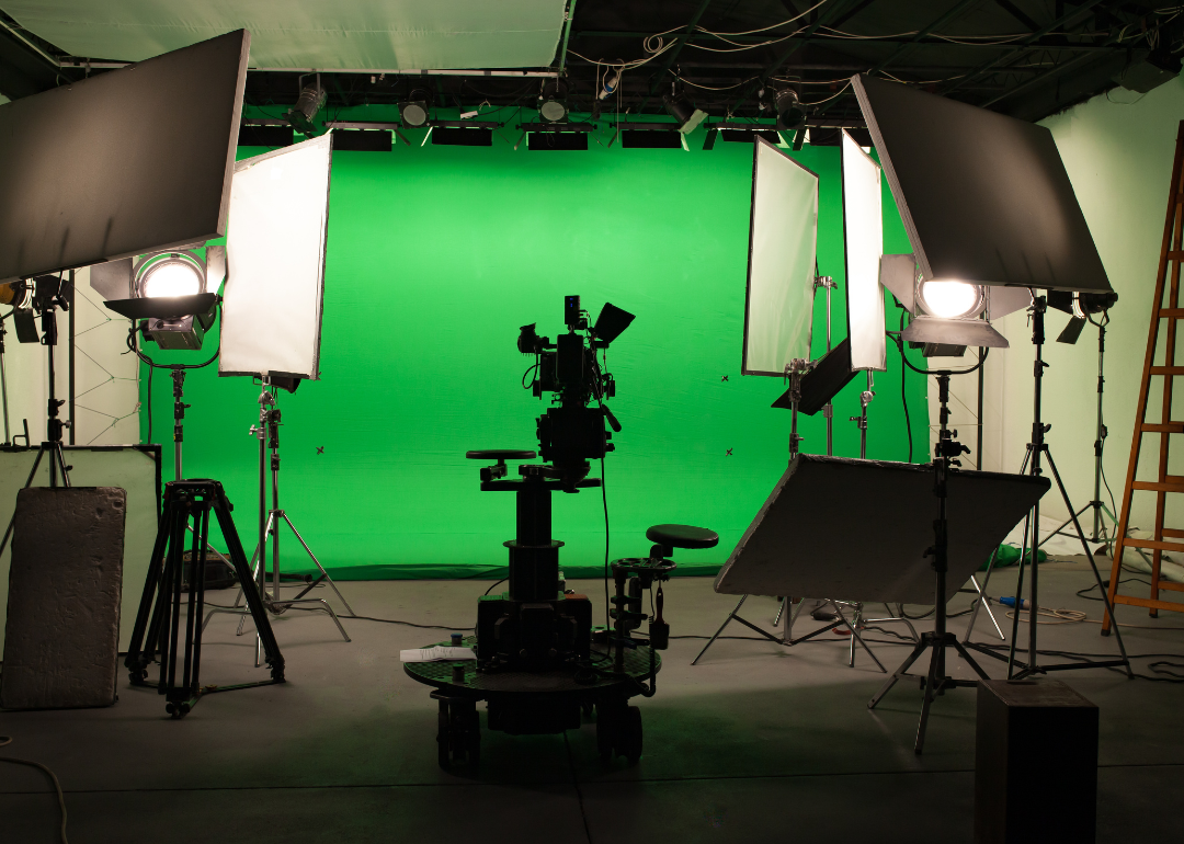 A film shooting studio with professional equipment and a green screen.