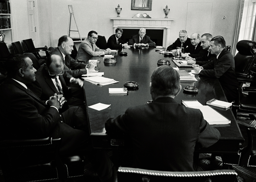 President Lyndon B. Johnson conferring with the National Security Council following the North Vietnamese torpedo boat attack on the USS Destroyer Maddox.