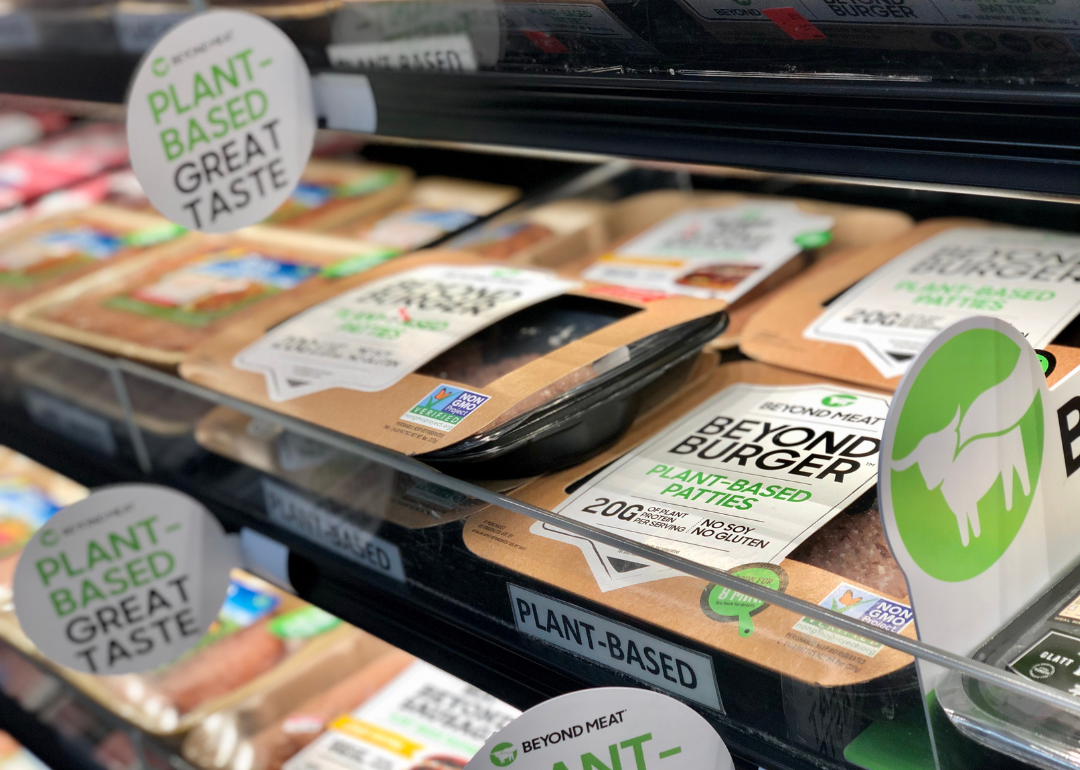 Beyond Meat plant-based burger patties and sausage products on sale inside a refrigerator in a grocery store in New York