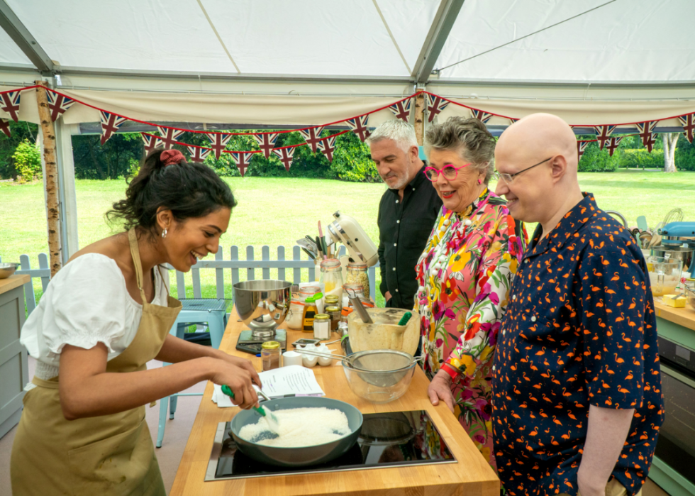 Matt Lucas, Crystelle Pereira, Prue Leith, and Paul Hollywood in The Great British Baking Show