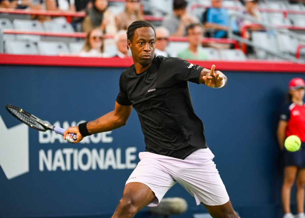 Gael Monfils (FRA) returning the ball during the third round of the ATP National Bank Open match on August 11, 2022 at IGA Stadium in Montreal, QC 