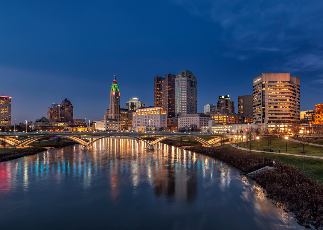 Buildings in downtown Columbus at night.