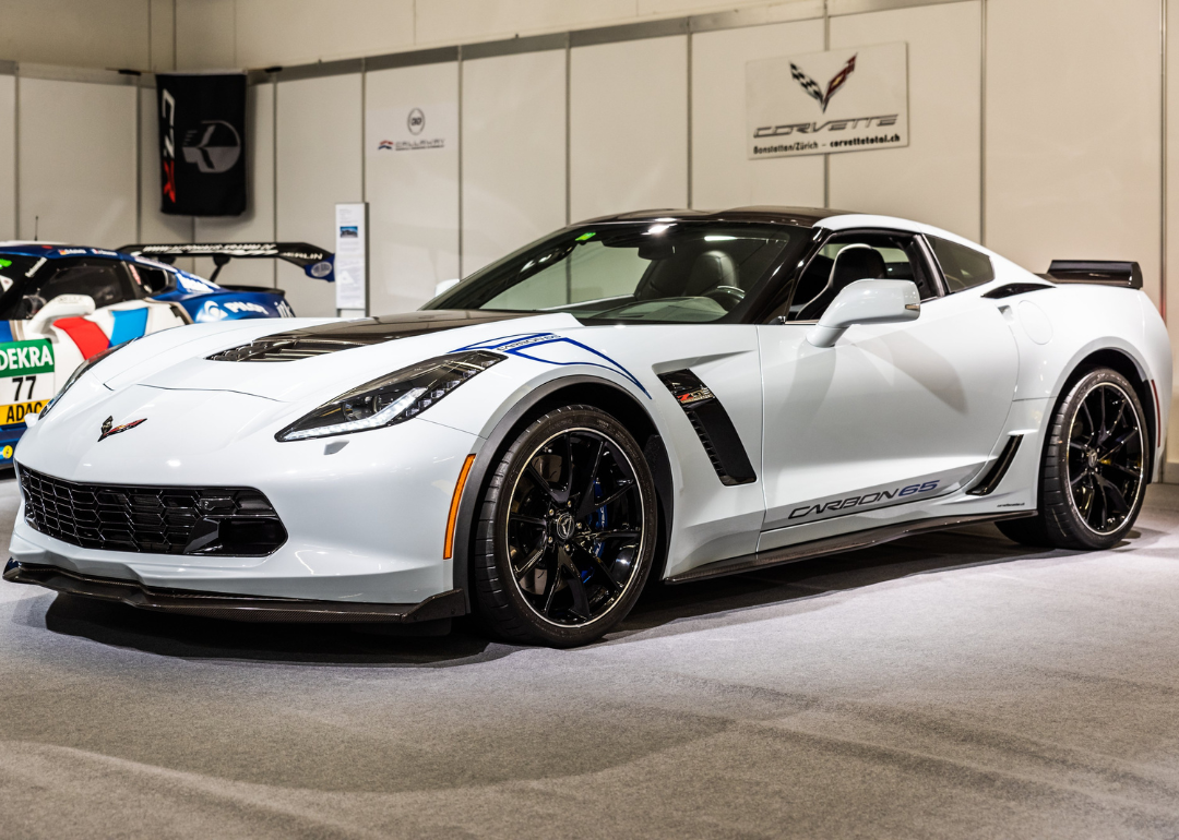 A white Chevrolet Corvette C06 Z06 Carbon 65 at AutoZürich car show.