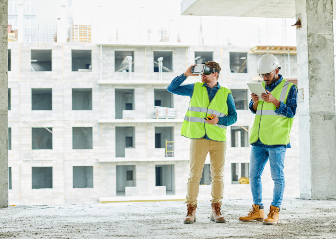 A worker using augmented reality glasses at a construction location