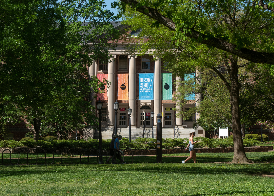 College students at UNC-Chapel Hill walking across a sparsely populated campus.