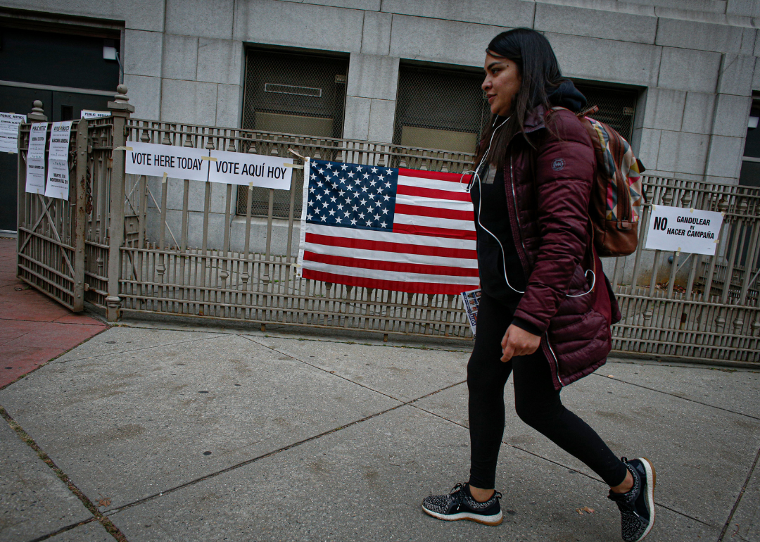 A voter in Jersey City, New Jersey, walklin to a polling place to vote