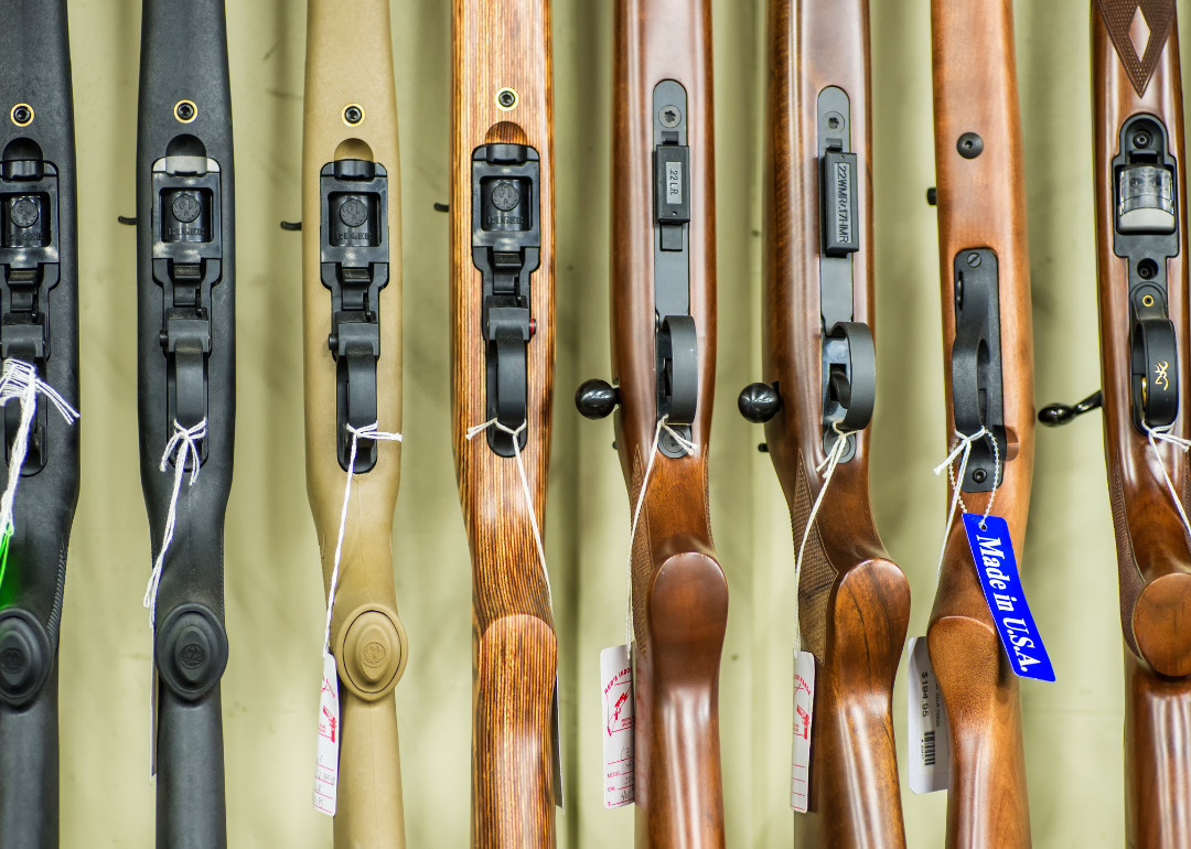 A rack of shotguns for sale at a gun store in Austin.