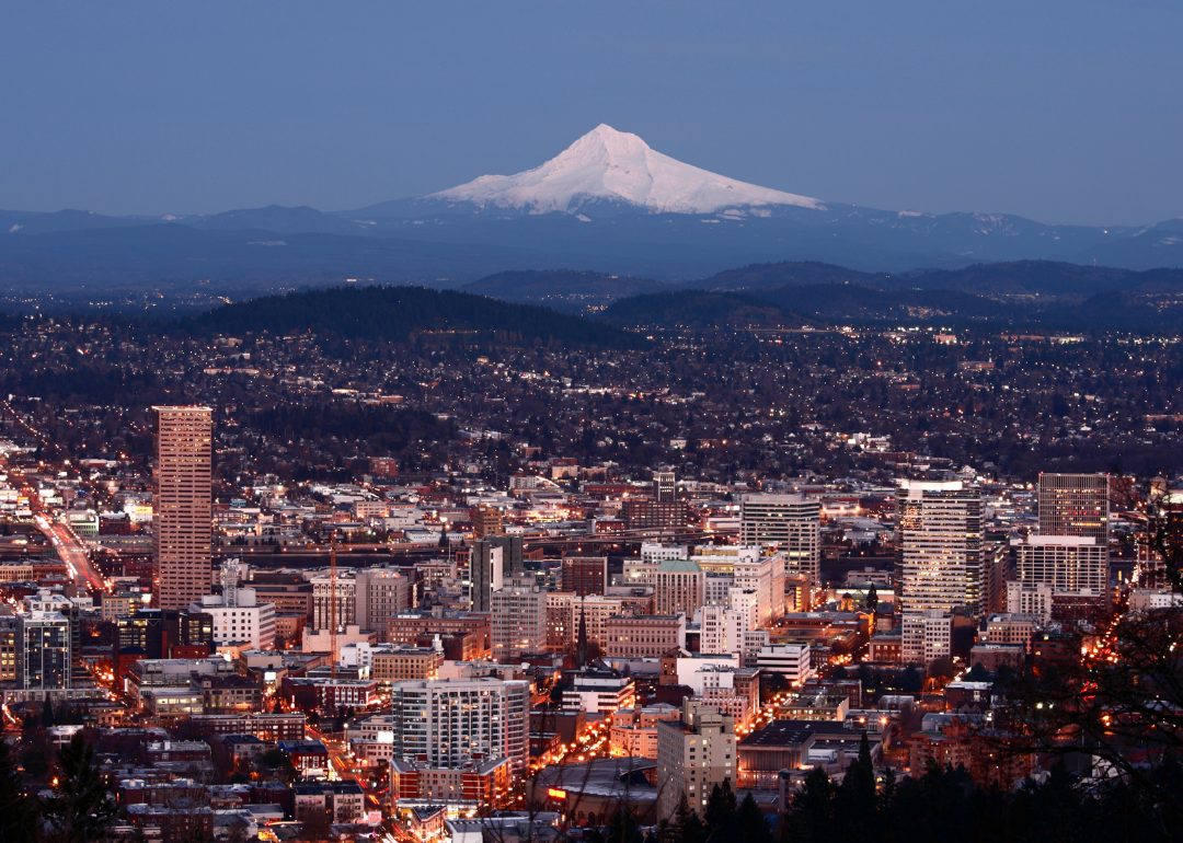 An aerial view of Portland with Mount Hood in the background.