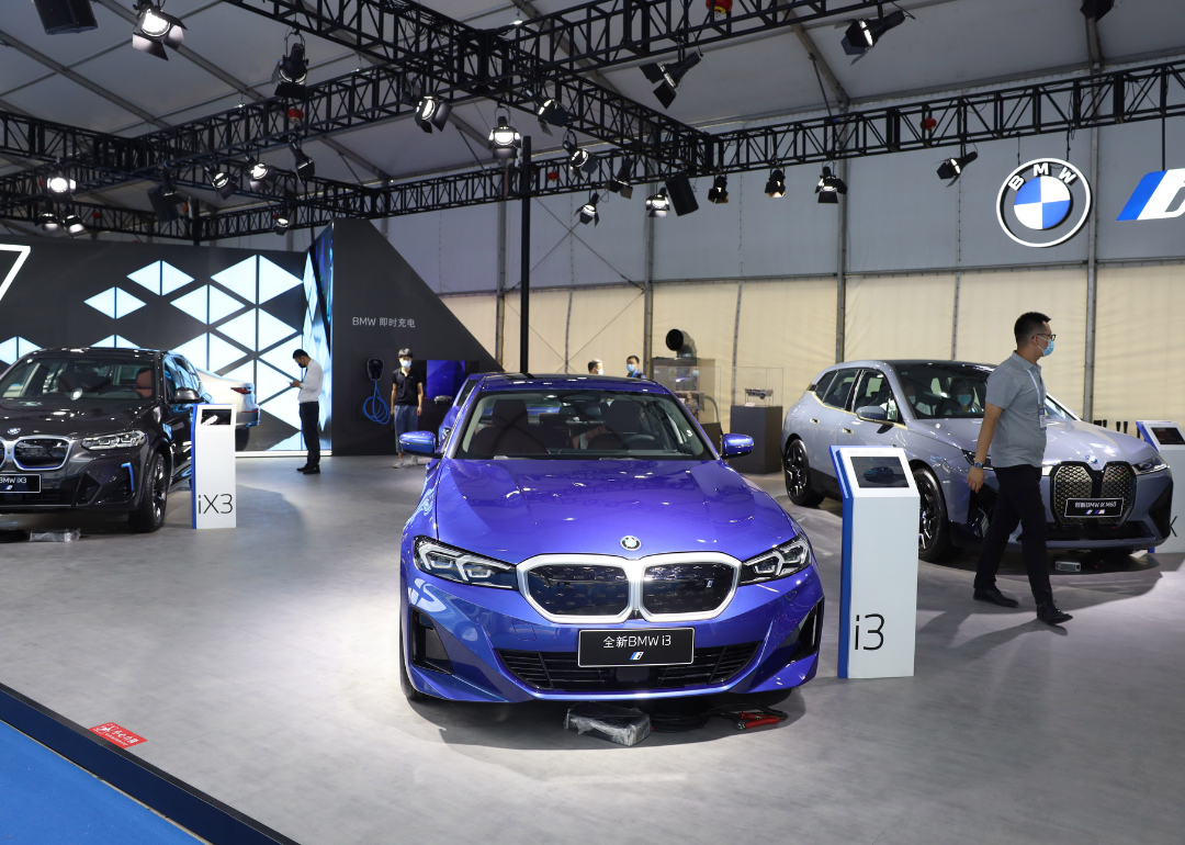 A BMW i3 electric car on display during the 2022 World New Energy Vehicle Congress at Beijing Etrong International Exhibition & Convention Center on August 26, 2022.