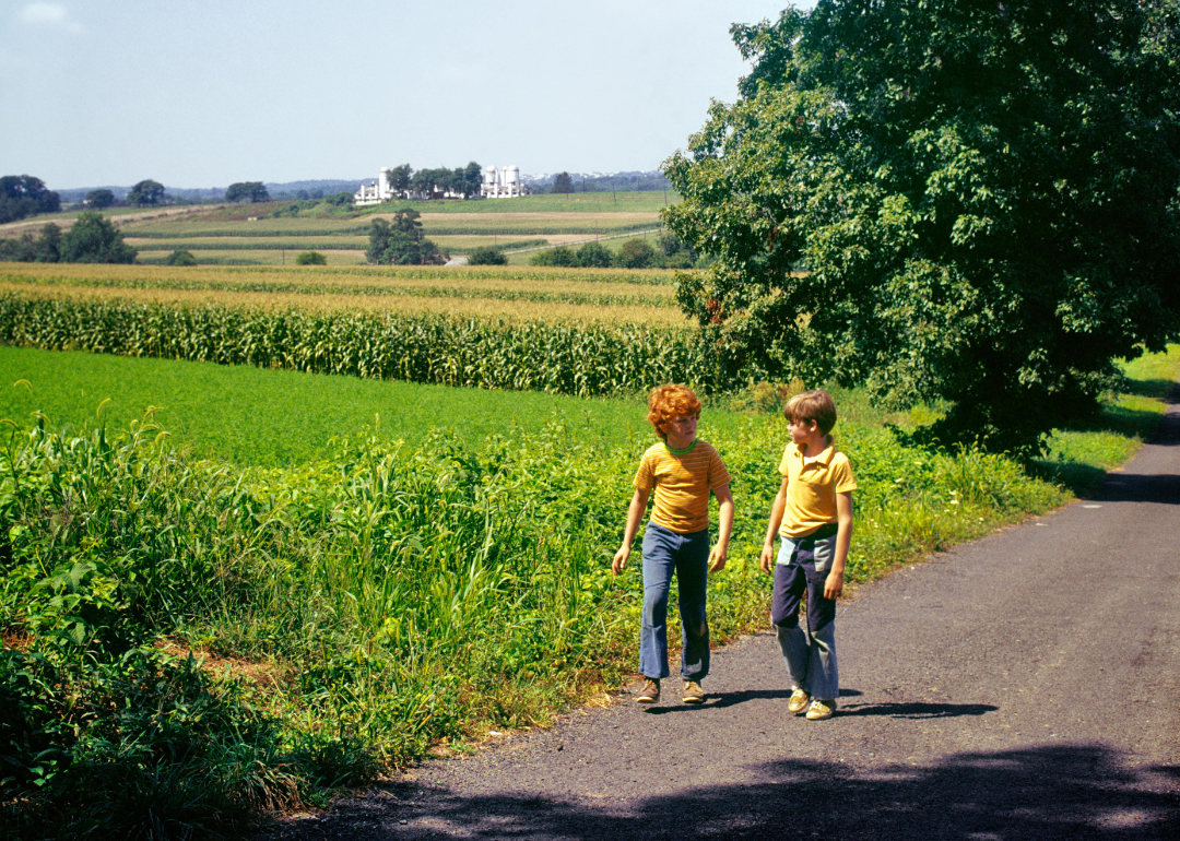Two children walking down a country lane in 1972.