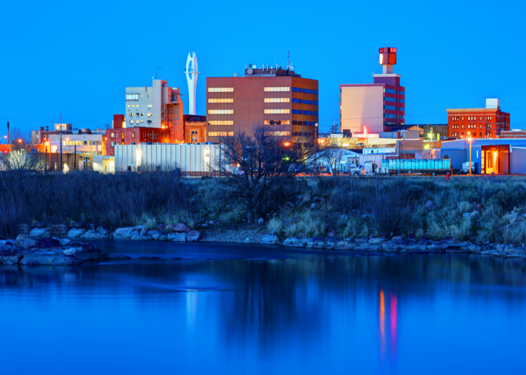 Buildings in Casper at night.