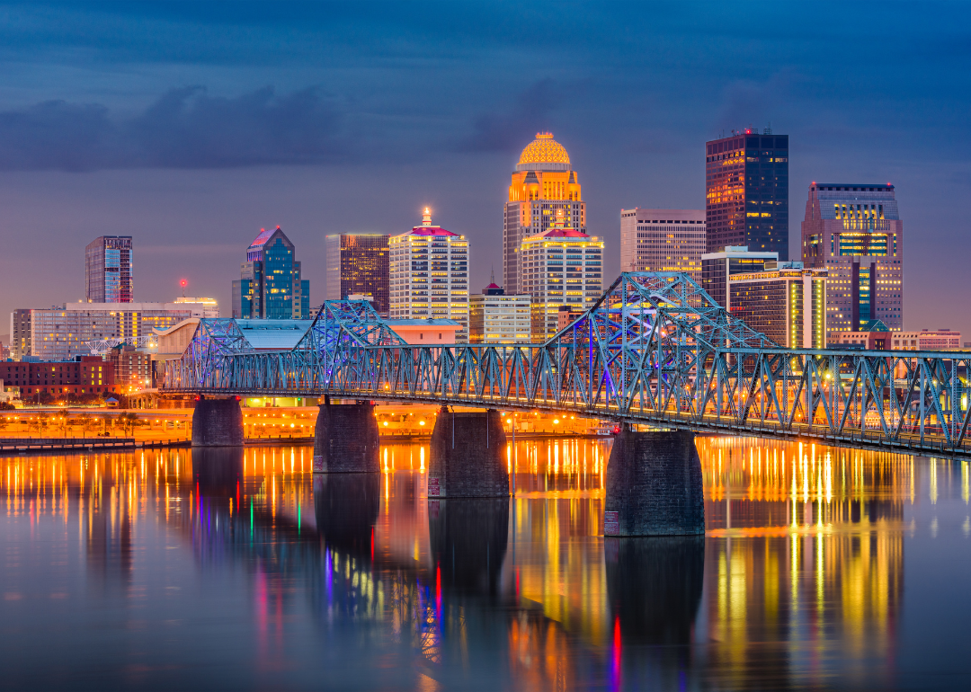 Louisville's skyline as seen at night.