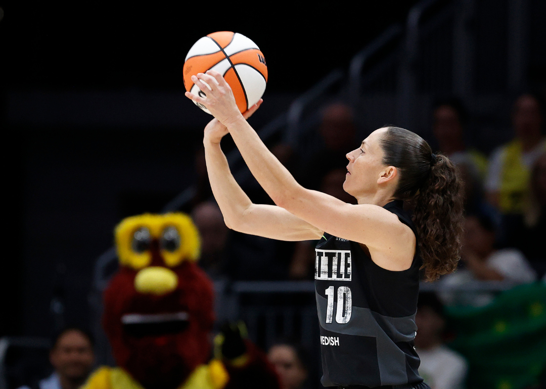 Sue Bird, #10 of the Seattle Storm, shooting against the Las Vegas Aces during the third quarter in Game Three of the 2022 WNBA Playoffs semifinals at Climate Pledge Arena on September 04, 2022, in Seattle, Washington.