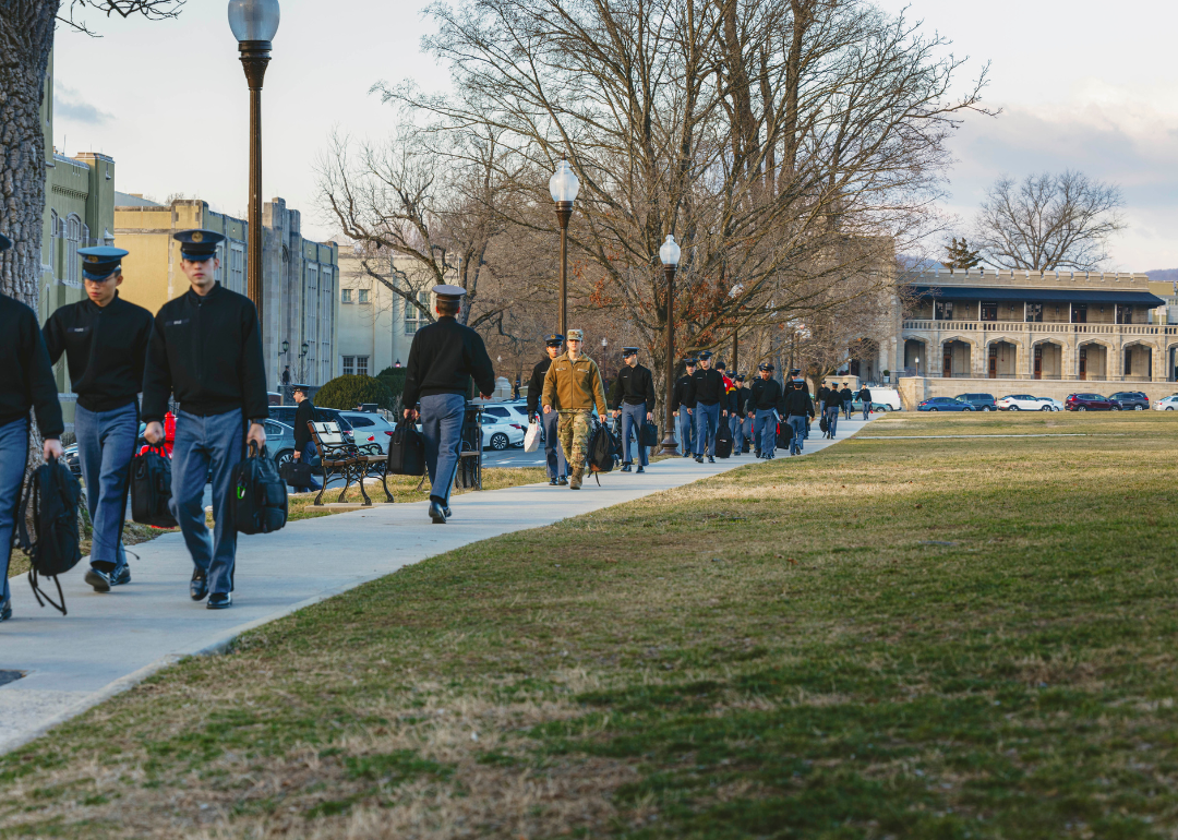 Cadet at Virignia Military Institute walking between classes in 1985.