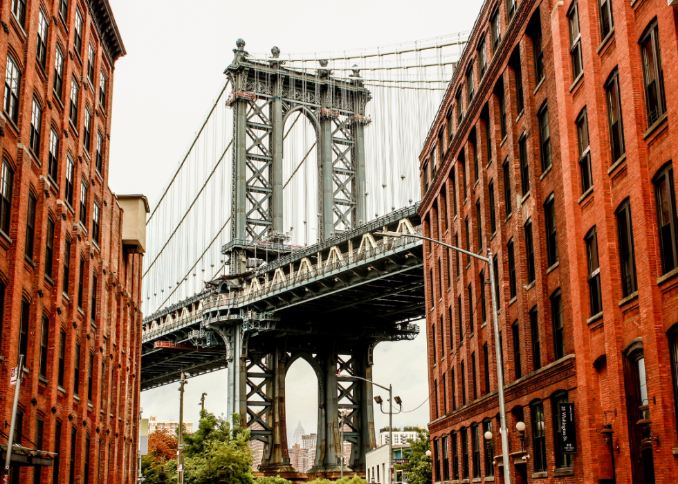 The Manhattan Bridge as seen from Water Street and Washington Street in Brooklyn, New York