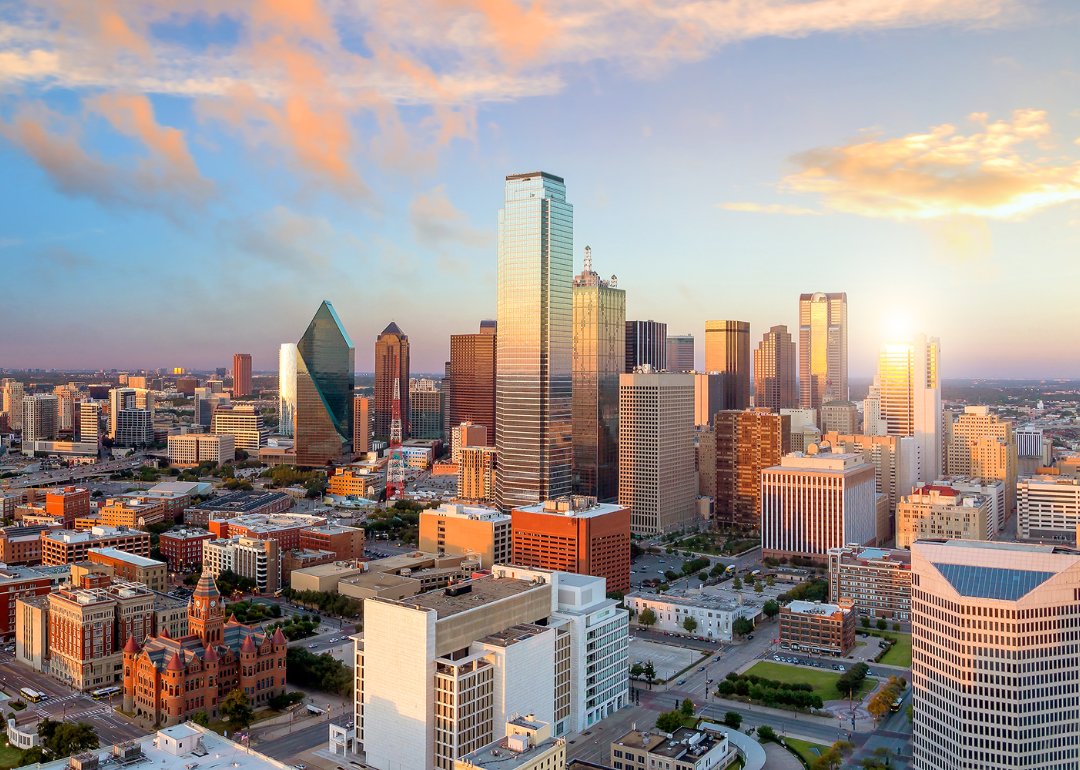 An aerial view of downtown Dallas on a sunny day.