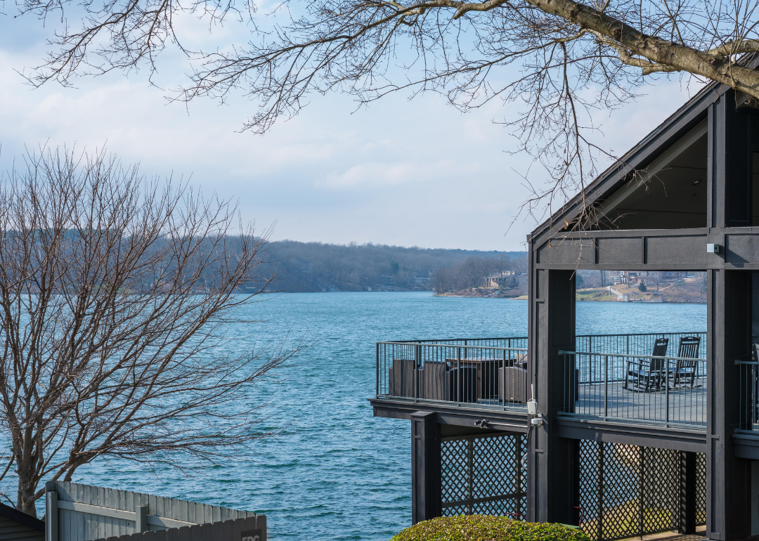 A house on a lake in Northwest Arkansas with a beautiful landscape view.