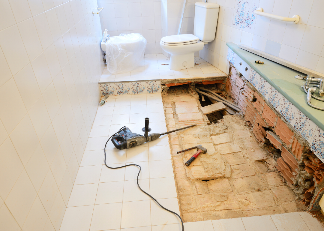 A bathroom in the process of a remodel.