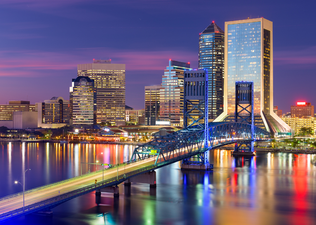 The Jacksonville skyline as viewed from across the water at night.