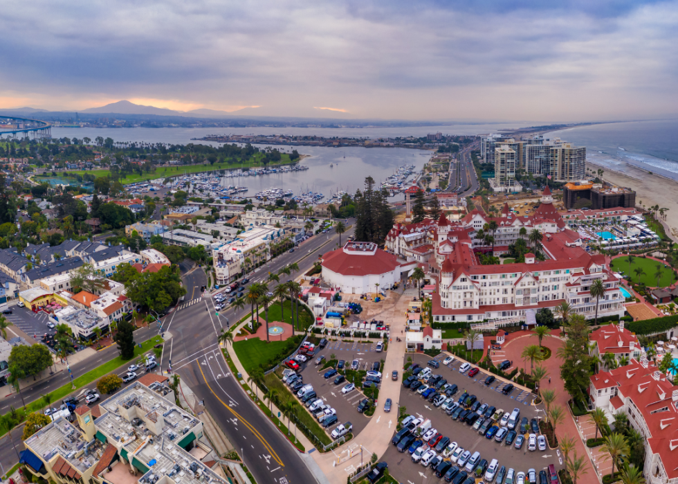 An aerial panorama of Hotel del Coronado and other buildings in Coronado, California