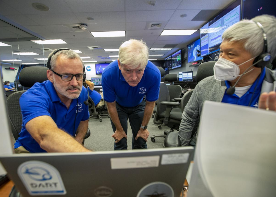NASA’s Double Asteroid Redirection Test (DART) command team at Johns Hopkins University's Applied Physics Laboratory monitoring the DART spacecraft’s impact into the asteroid Dimorphos.