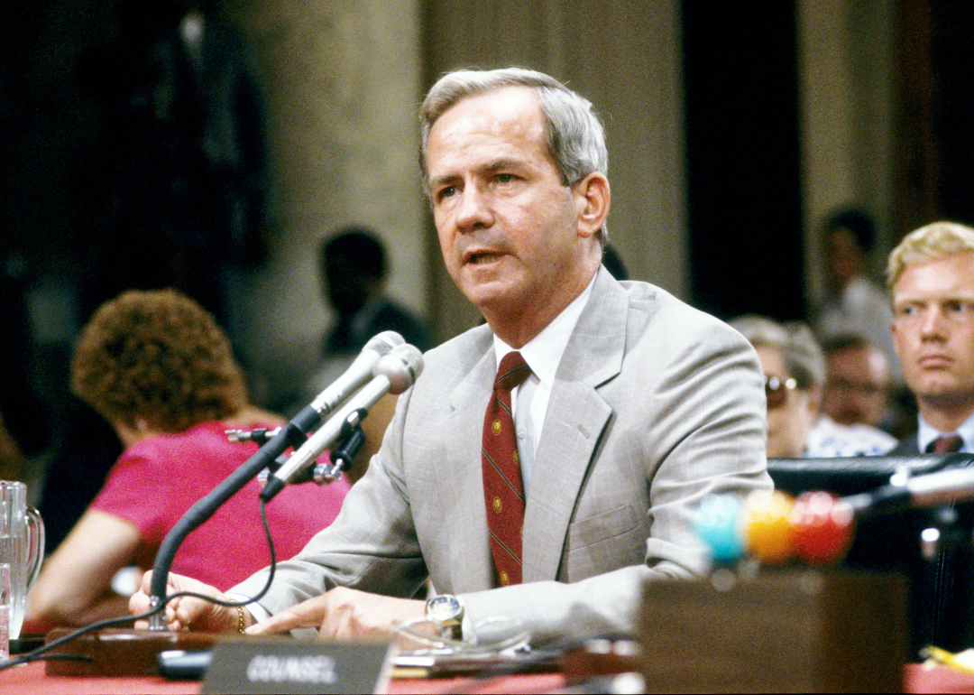 Former US National Security Advisor Robert C McFarlane testifying before the joint US Senate and US House committee investigating the Iran-Contra Affair on July 14, 1987. 