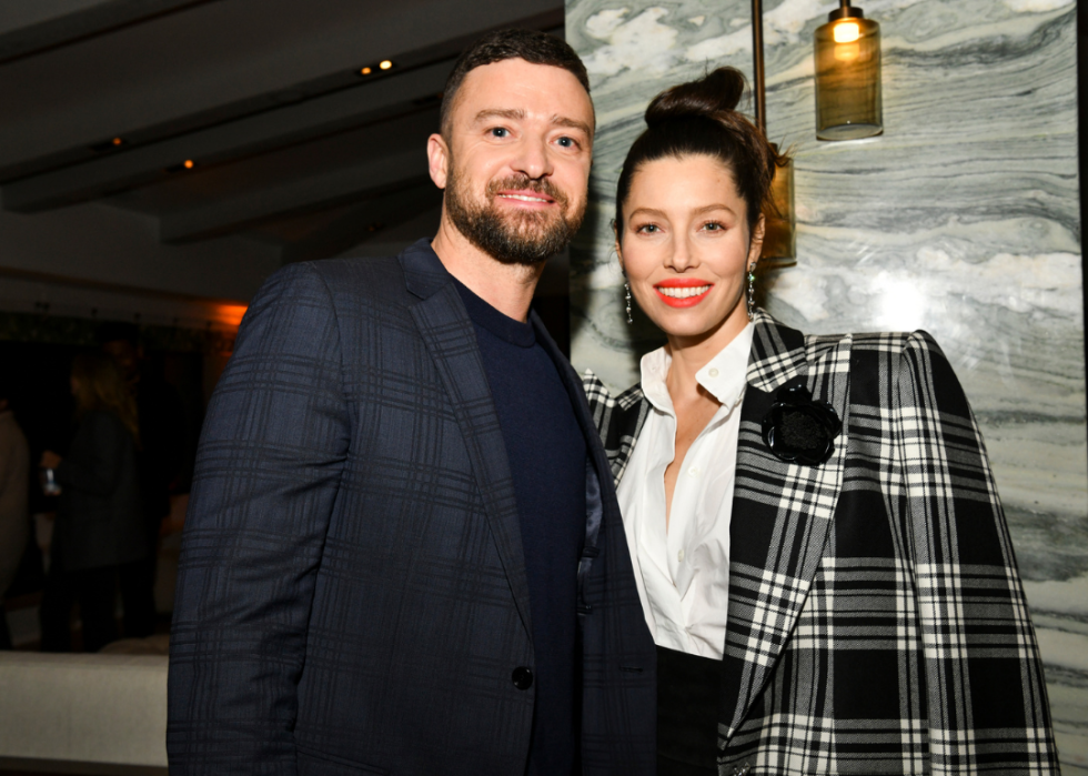 Justin Timberlake and Jessica Biel posing for a portrait at the premiere of season three of USA Network’s "The Sinner"