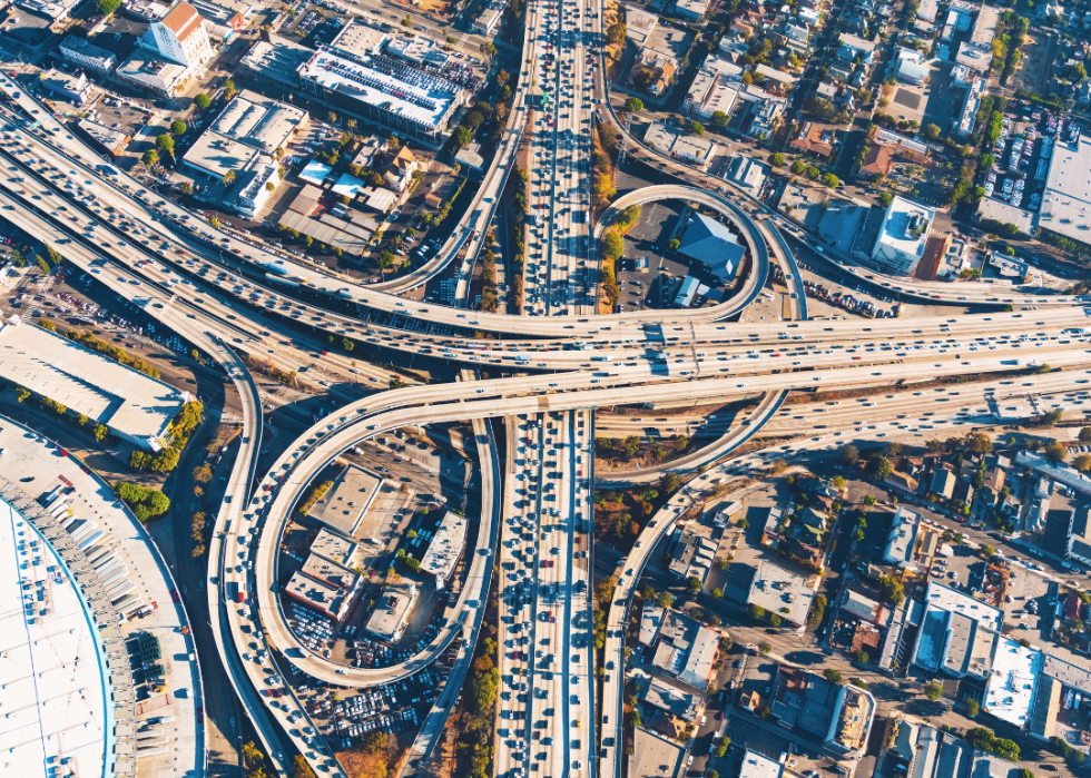 An aerial view of traffic on a massive highway intersection in Los Angeles
