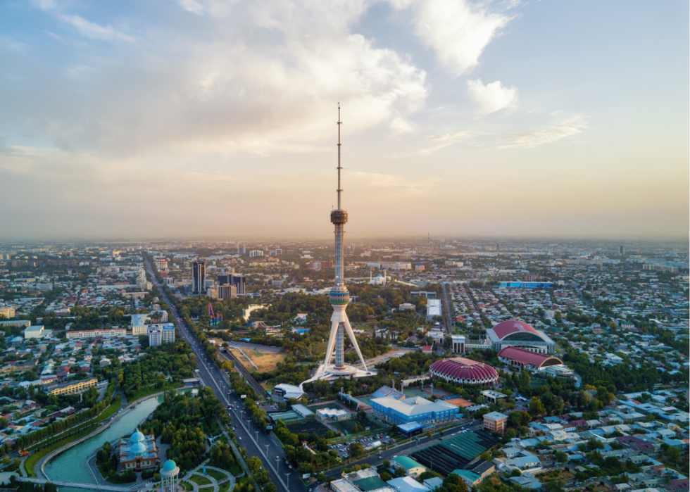 An aerial shot of Tashkent TV Tower in Uzbekistan at sunset.
