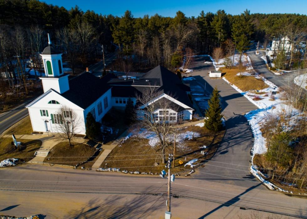 Aerial photograph of Windham Center including Town Hall, Fire Station, Library and Senior Center.