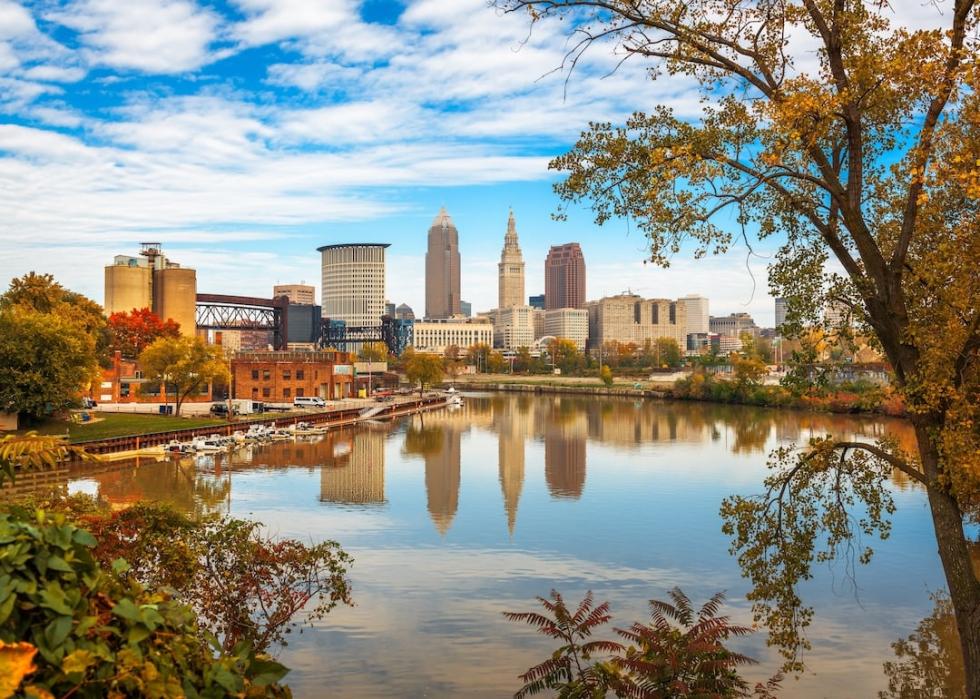 Cleveland skyline on the Cuyahoga River in autumn.