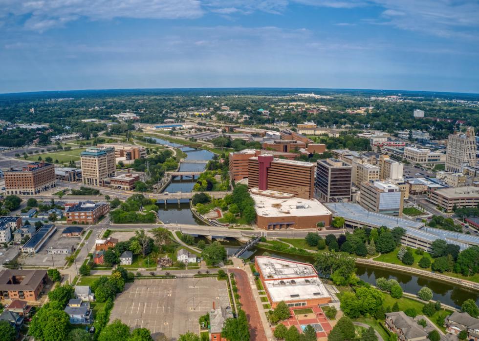 Aerial view of downtown Flint, Michigan, in summer.