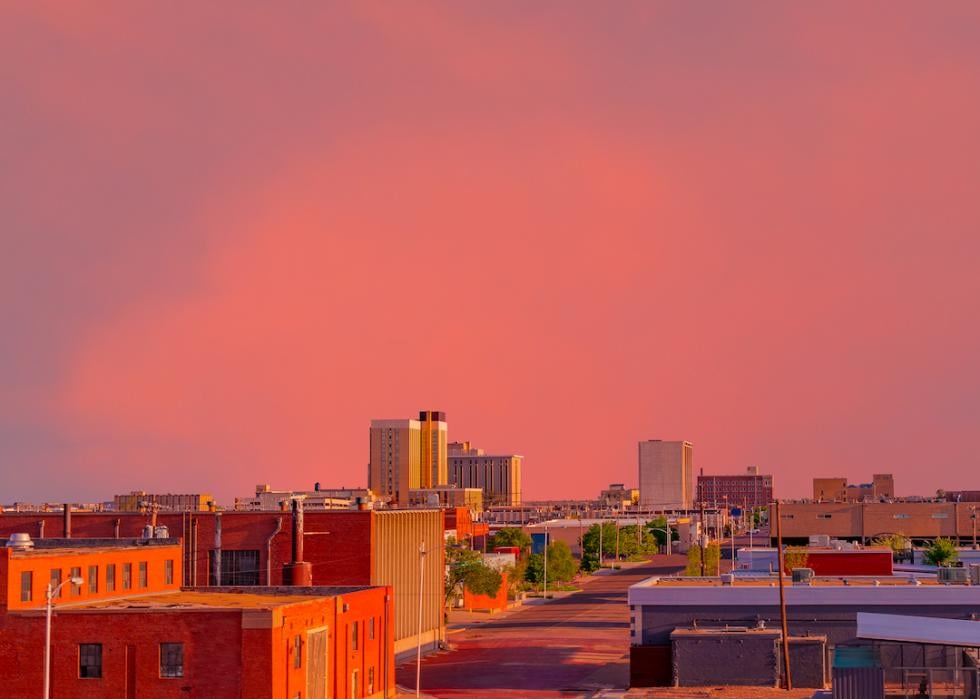 Downtown district of Lubbock, Texas during sunset.