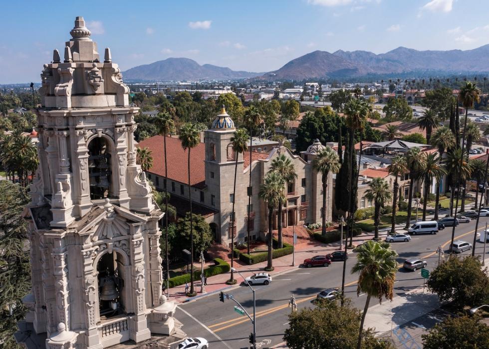 Daytime aerial view of historic downtown Riverside, California.