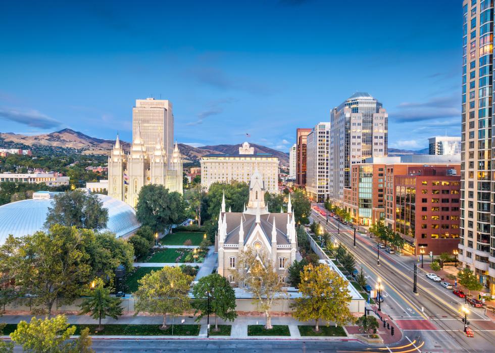 Downtown cityscape over Temple Square at dusk in Salt Lake City, Utah.