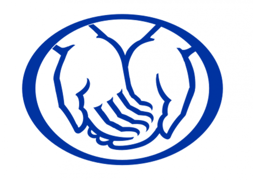 Blue drawing of cupped hands symbolizing Allstate's logo.