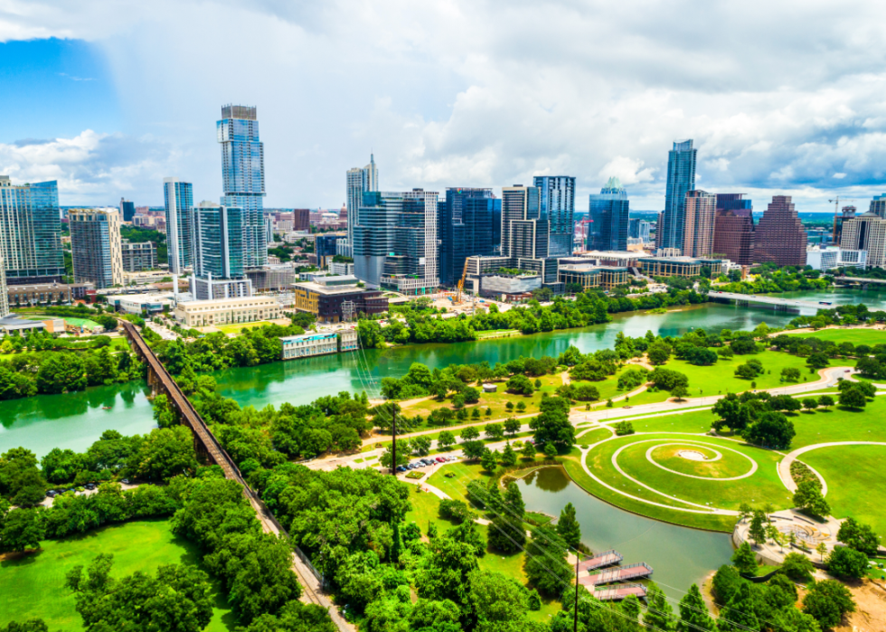 An aerial view of the Austin skyline.