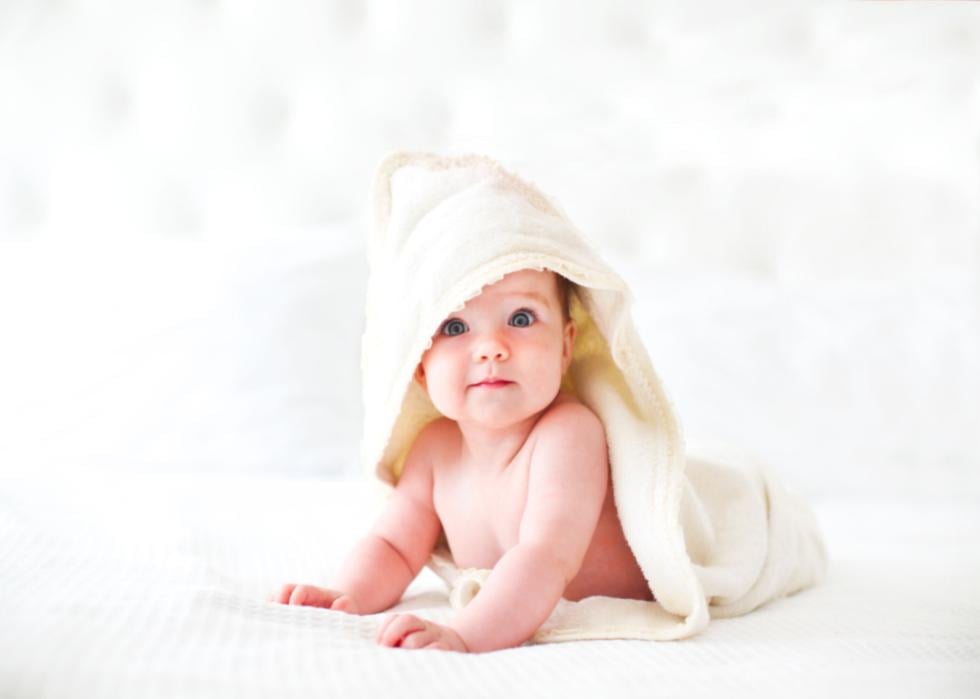A baby wearing towel after bath.